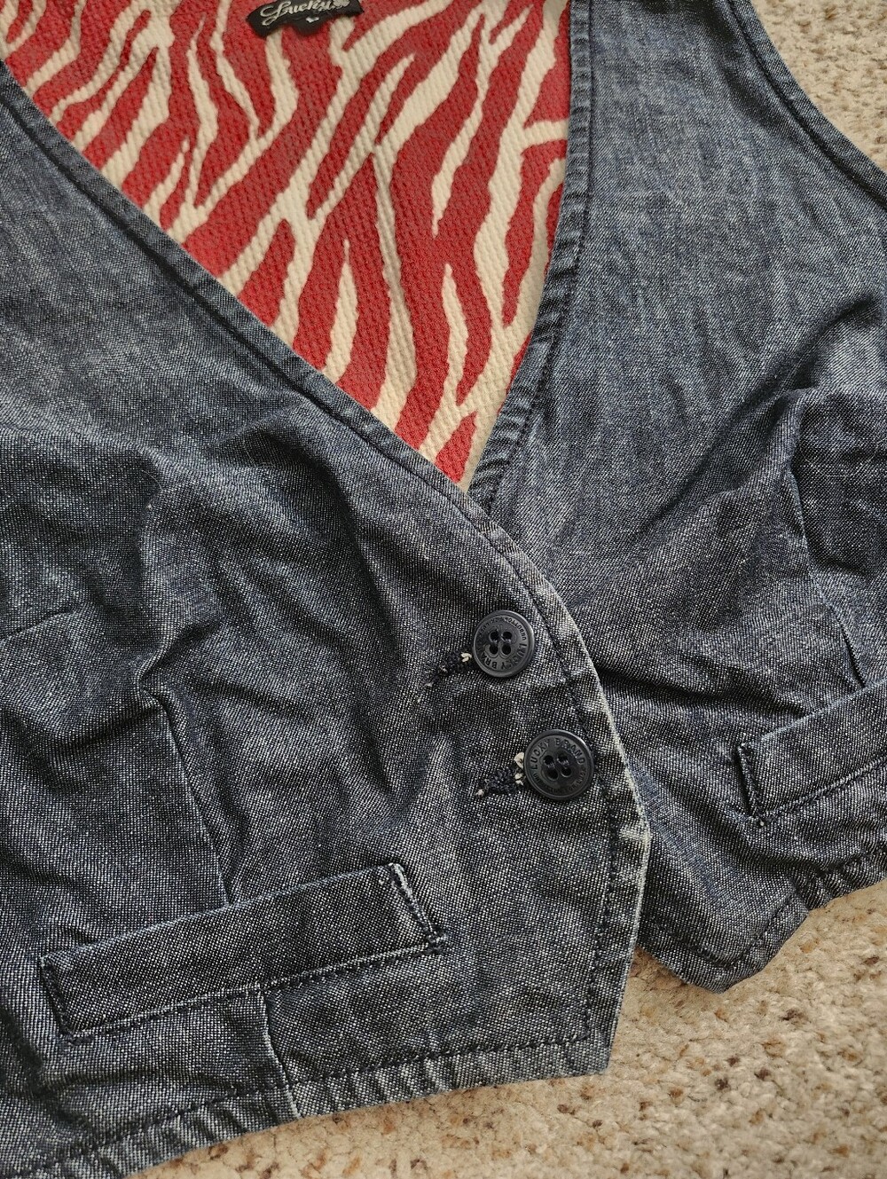 Lucky Cropped Denim Vest with China Graphic / Red and Cream Zebra Print - Picture 6 of 9